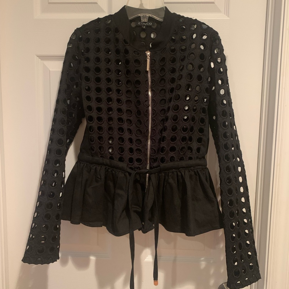 CQ by CQ Black Eyelet Zip-Up Jacket with Tie Waist